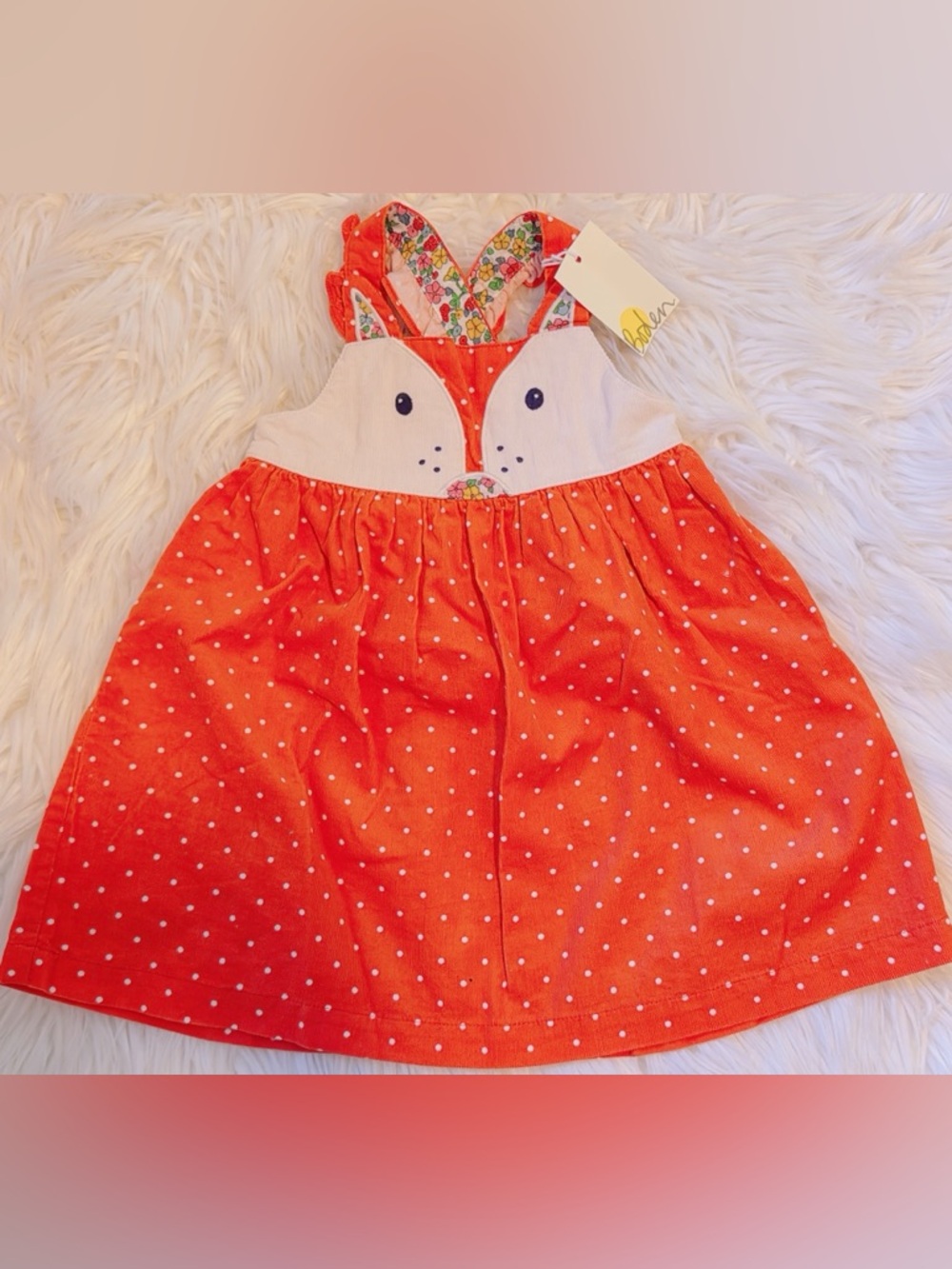 NWT Mini Boden Fox Cord Pinnie Dress | 12–18M | Orange Polka Dot | Adorable